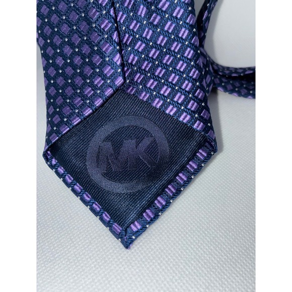 Michael Kors Mens Purple Navy Blue Geometric Square Silk Necktie Accessory - Picture 3 of 7